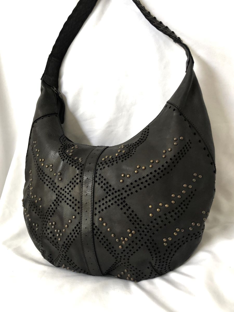 Black Leather Boho Shoulder Bag with Zipper