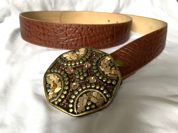 Leatherock Size Large Brown Leather Belt Rhinestone Buckle