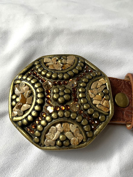 Leatherock Size Large Brown Leather Belt Rhinestone Buckle