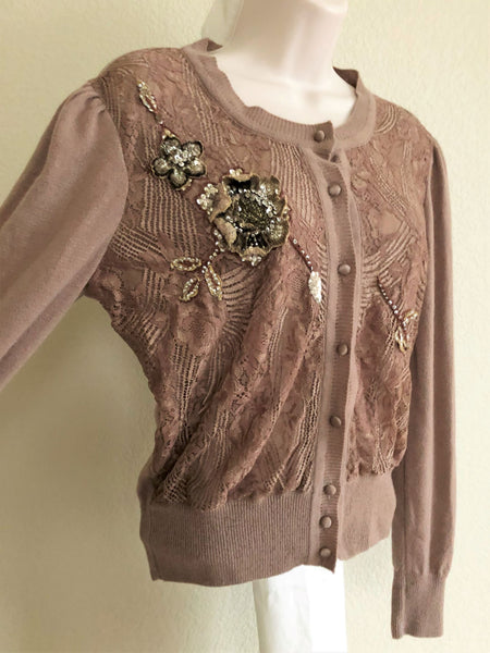 Blumarine SMALL Tan Beaded Cashmere Cardigan