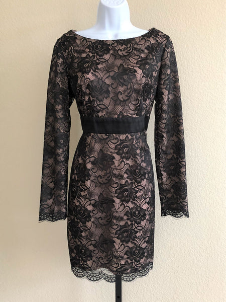 Trina Turk Size 8 Nude Dress with Black Lace Overlay