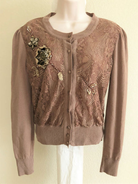 Blumarine SMALL Tan Beaded Cashmere Cardigan